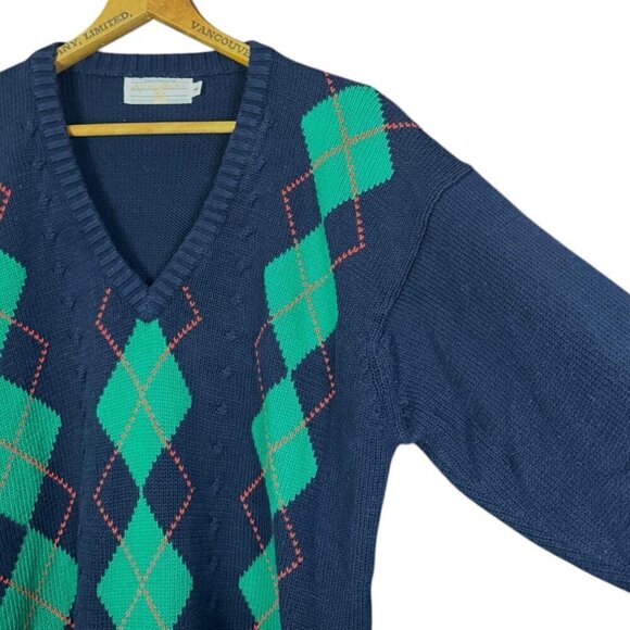 Vintage Archie & Brown Son Argyle Knit Sweater, V-Neck, Preppy Aesthetic, Cotton - Picture 3 of 5